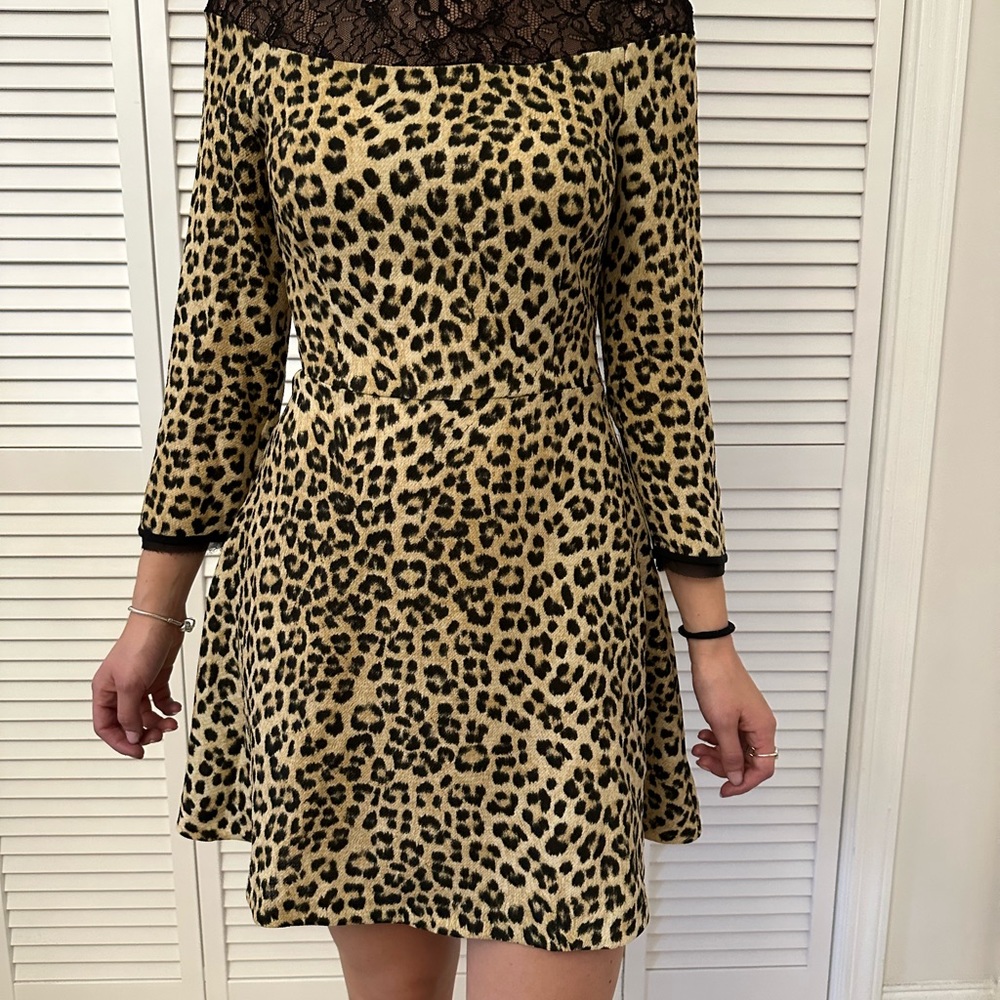ZARA LEOPARD PRINT DRESS WITH BLACK LACE DETAIL size XS
